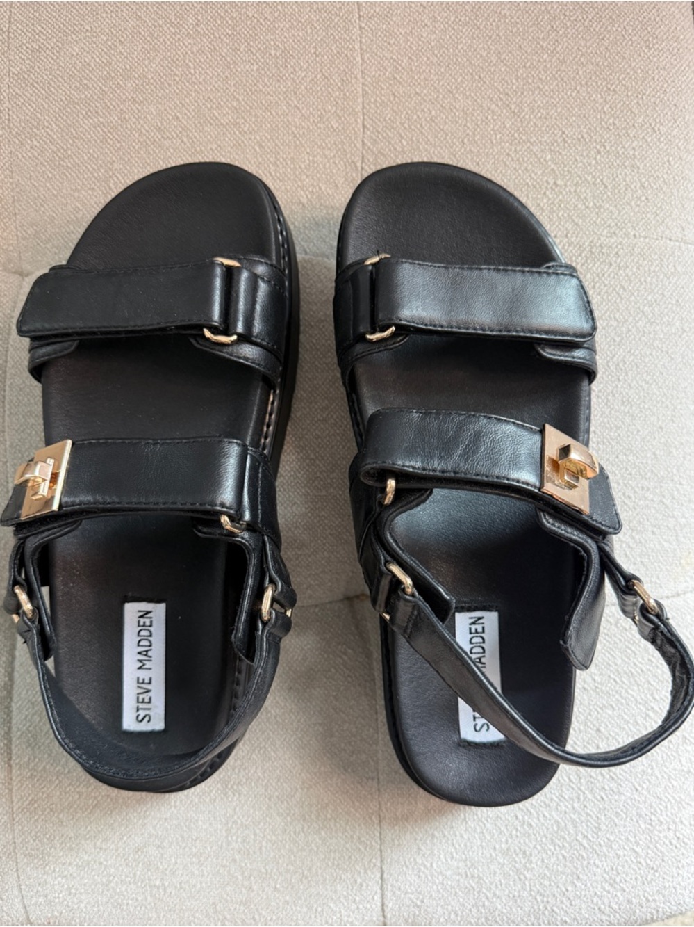 Steve Madden Black Leather Sandal with Gold Buckle Accents